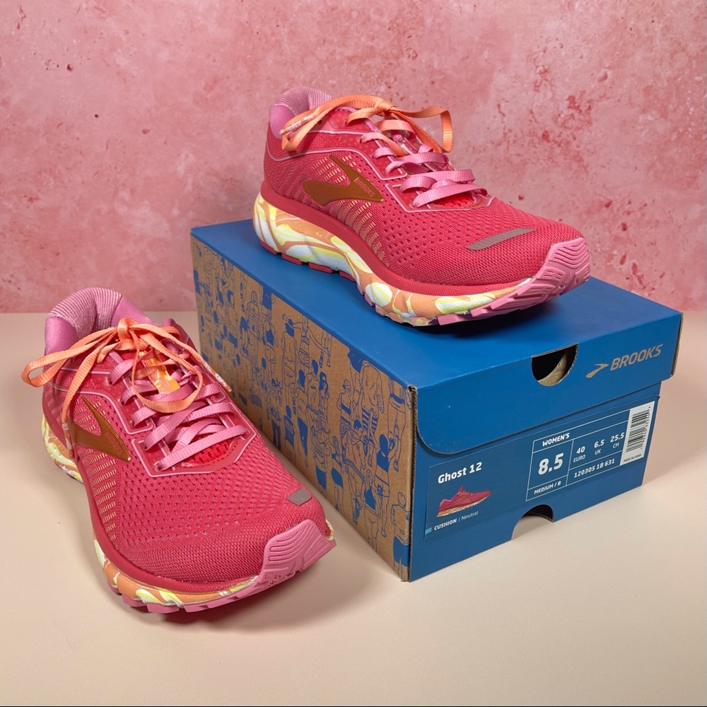 Brooks Ghost 12 Athletic Shoes, Exclusive Sorbet & Pink Color.